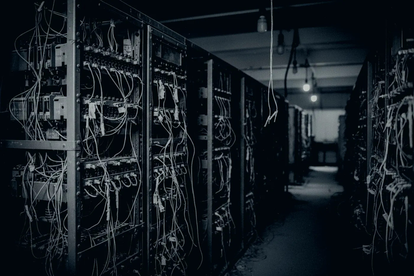 Rows of ageing copper jumper wiring inside an analogue telephone exchange