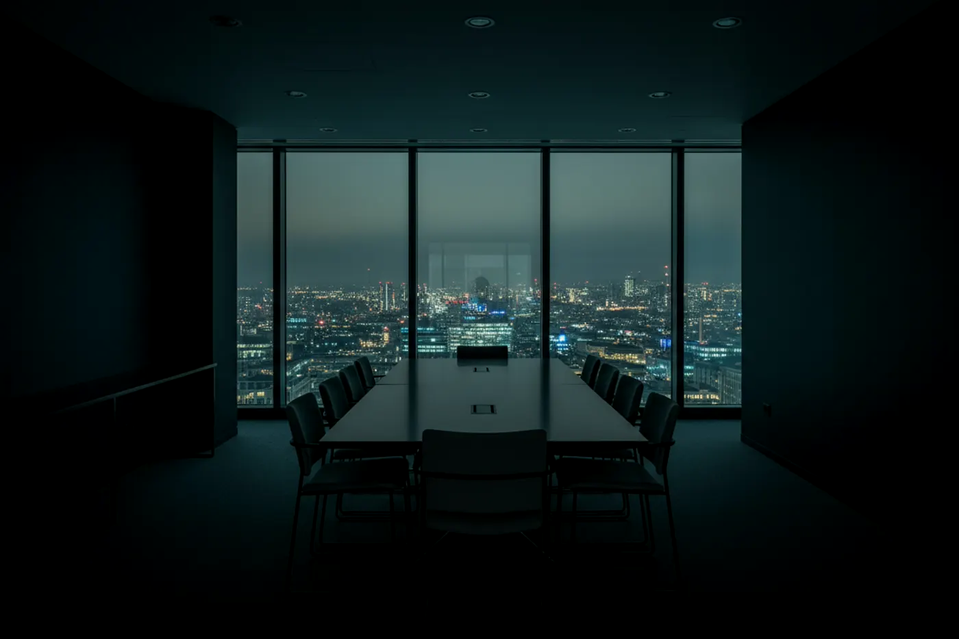 An empty meeting room at night, city lights beyond the window